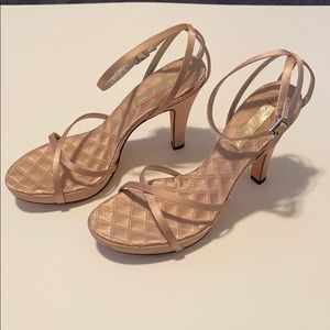 BCBG Maxazaria champagne satin cross-cross heels
